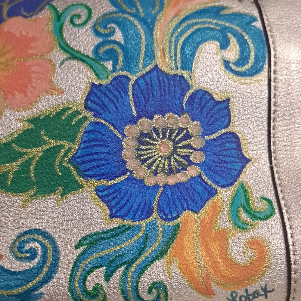Hand Painted Gold Satchel Purse Bag with Floral Design - Picture 7 of 17